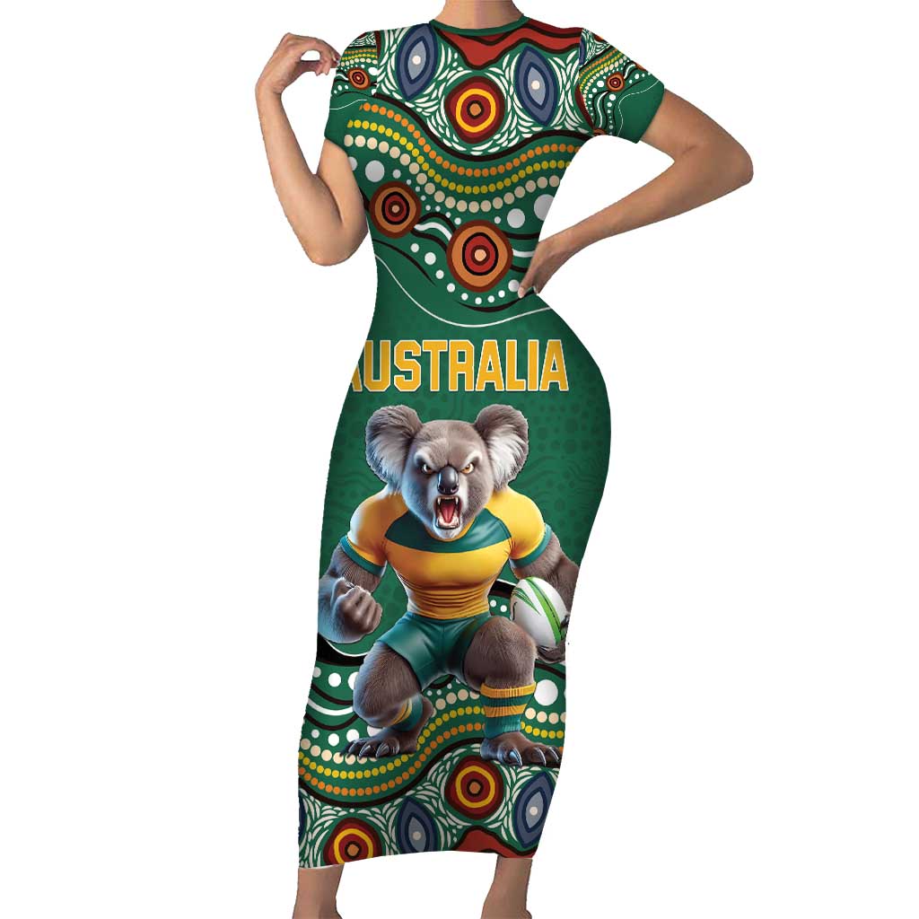 Custom Australia Rugby Family Matching Short Sleeve Bodycon Dress and Hawaiian Shirt Koala Mascot Aboriginal Pattern