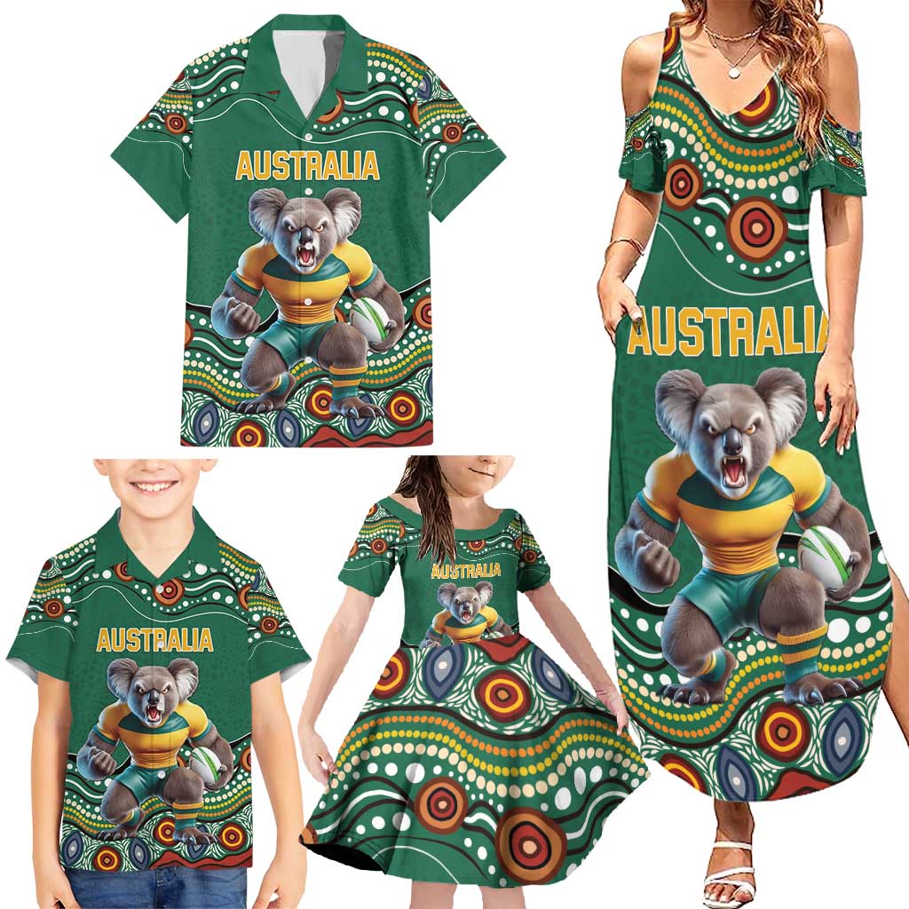 Custom Australia Rugby Family Matching Summer Maxi Dress and Hawaiian Shirt Koala Mascot Aboriginal Pattern
