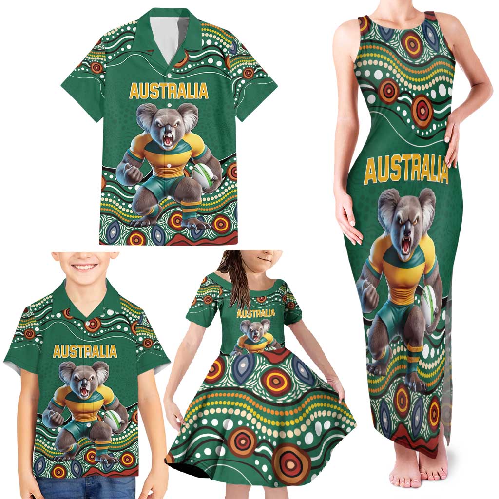 Custom Australia Rugby Family Matching Tank Maxi Dress and Hawaiian Shirt Koala Mascot Aboriginal Pattern