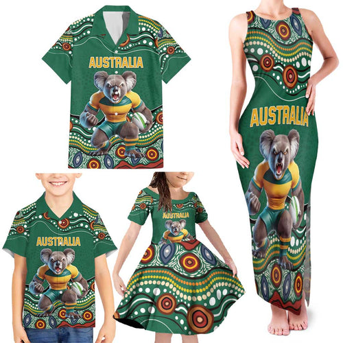 Custom Australia Rugby Family Matching Tank Maxi Dress and Hawaiian Shirt Koala Mascot Aboriginal Pattern