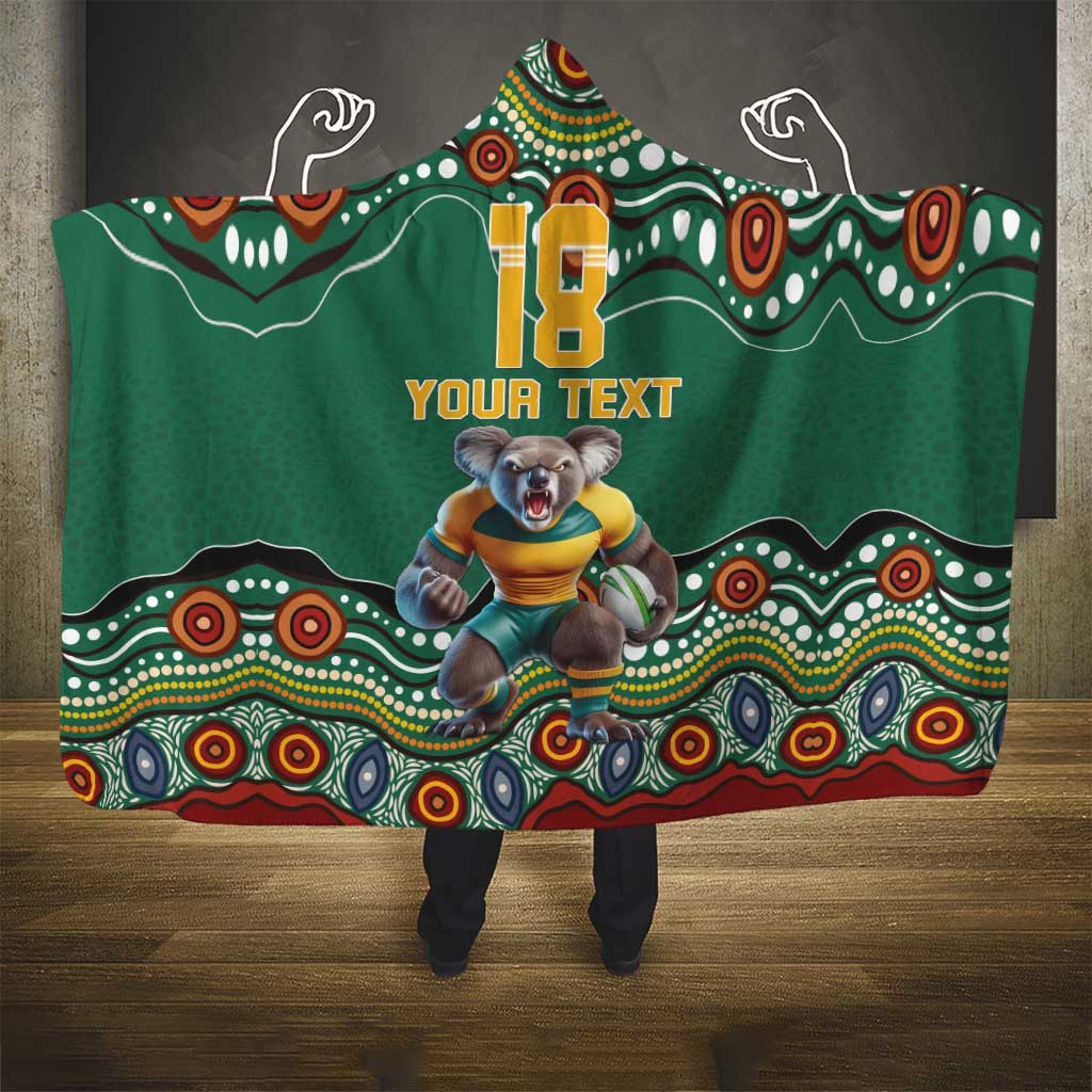 Custom Australia Rugby Hooded Blanket Koala Mascot Aboriginal Pattern