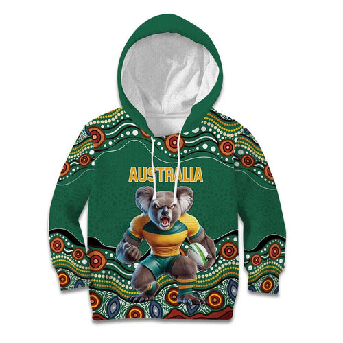 Custom Australia Rugby Kid Hoodie Koala Mascot Aboriginal Pattern
