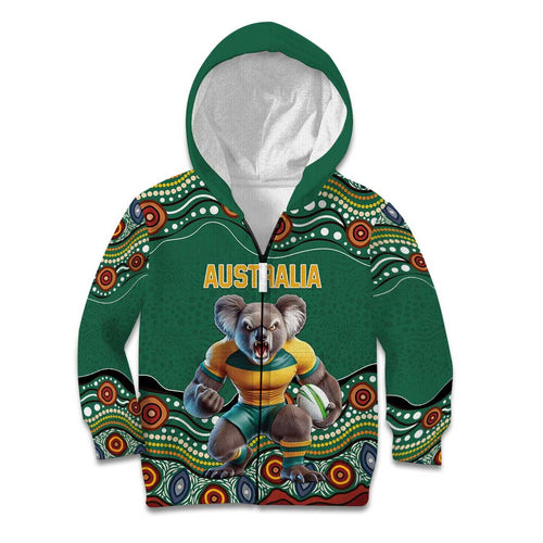 Custom Australia Rugby Kid Hoodie Koala Mascot Aboriginal Pattern