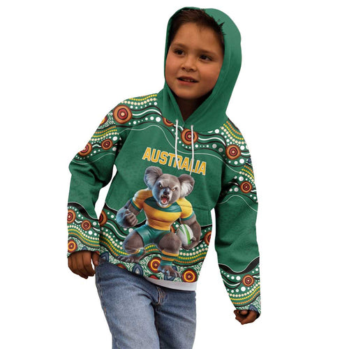 Custom Australia Rugby Kid Hoodie Koala Mascot Aboriginal Pattern