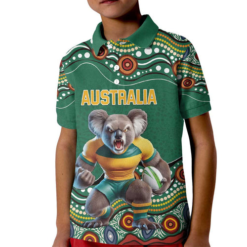 Custom Australia Rugby Kid Polo Shirt Koala Mascot Aboriginal Pattern