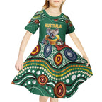 Custom Australia Rugby Kid Short Sleeve Dress Koala Mascot Aboriginal Pattern