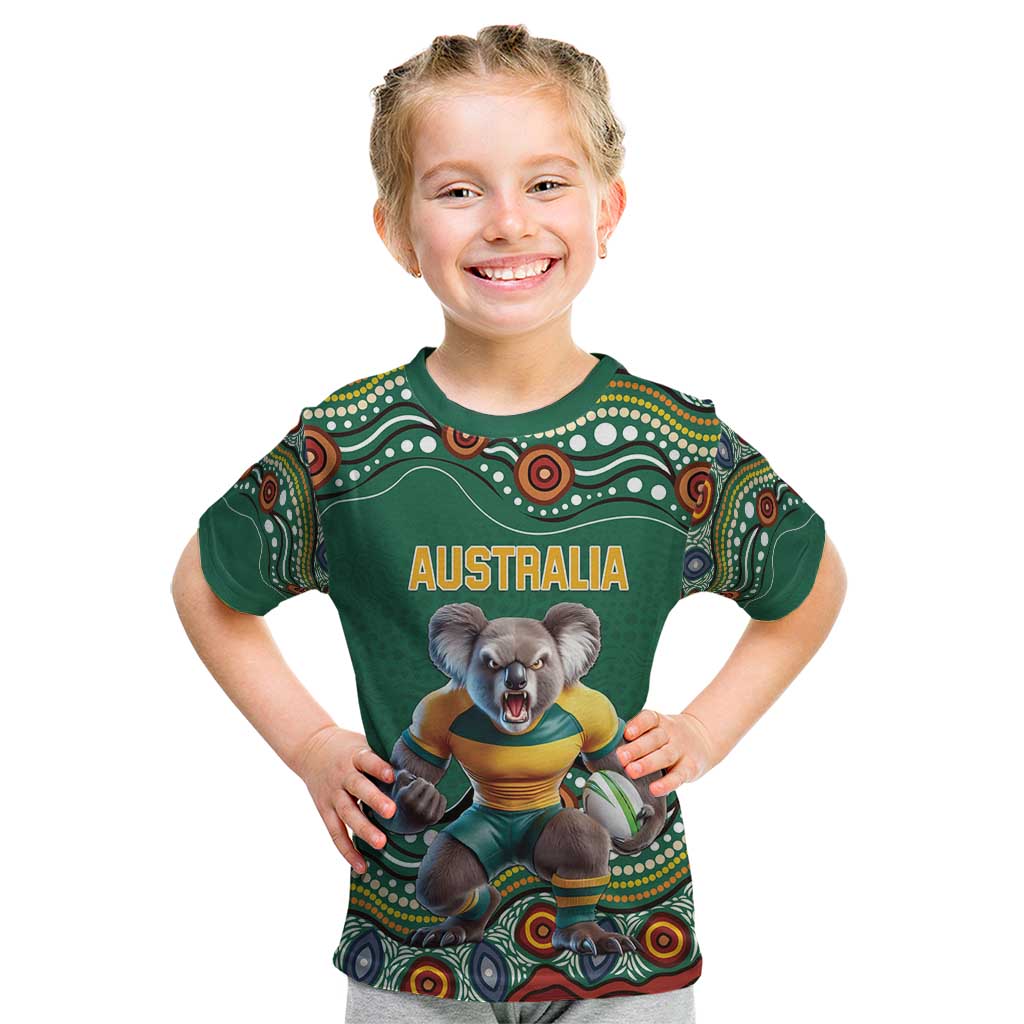 Custom Australia Rugby Kid T Shirt Koala Mascot Aboriginal Pattern