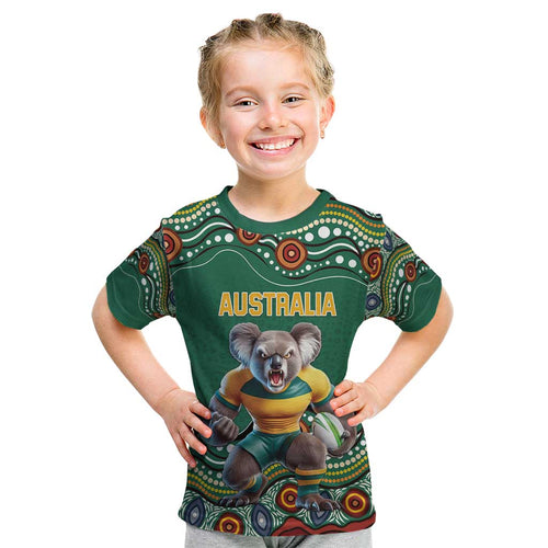 Custom Australia Rugby Kid T Shirt Koala Mascot Aboriginal Pattern