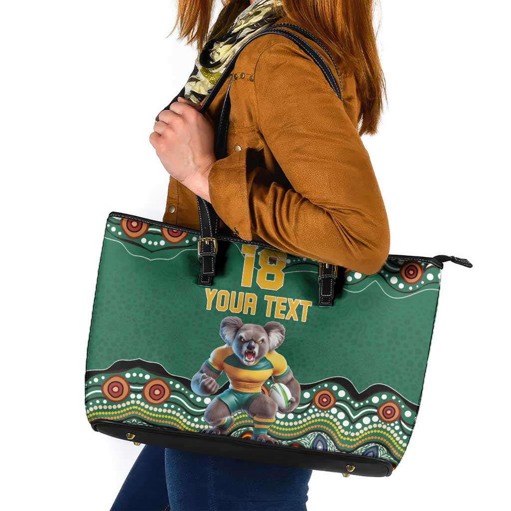 Custom Australia Rugby Leather Tote Bag Koala Mascot Aboriginal Pattern