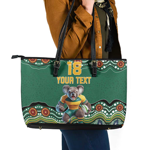 Custom Australia Rugby Leather Tote Bag Koala Mascot Aboriginal Pattern