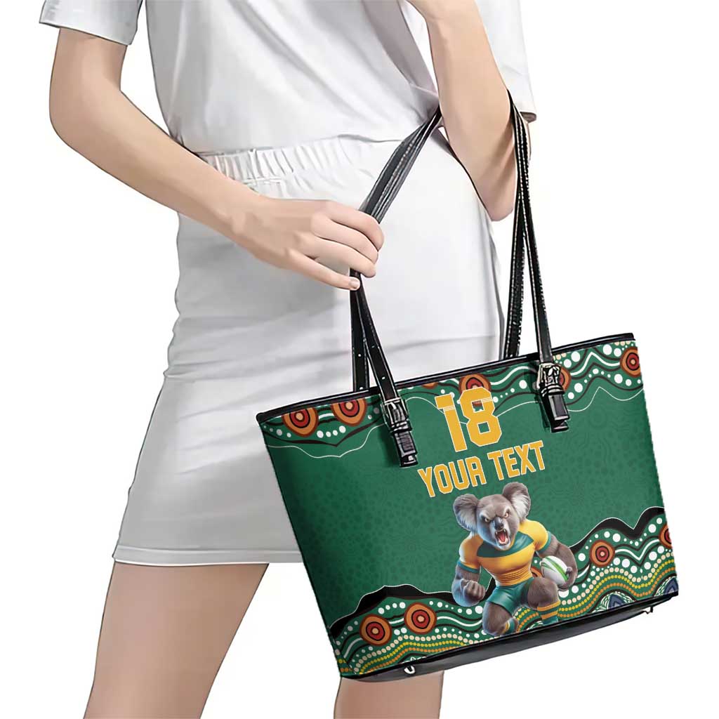 Custom Australia Rugby Leather Tote Bag Koala Mascot Aboriginal Pattern