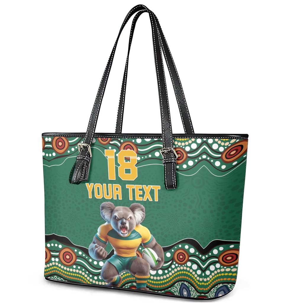 Custom Australia Rugby Leather Tote Bag Koala Mascot Aboriginal Pattern