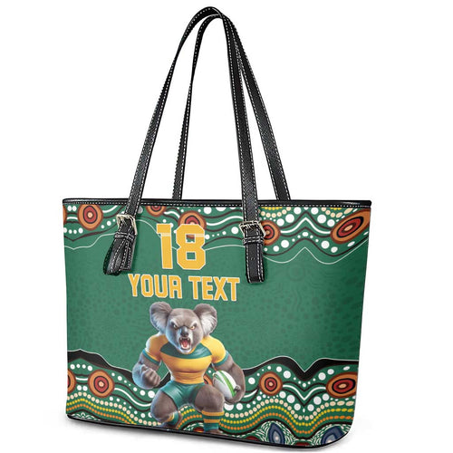 Custom Australia Rugby Leather Tote Bag Koala Mascot Aboriginal Pattern