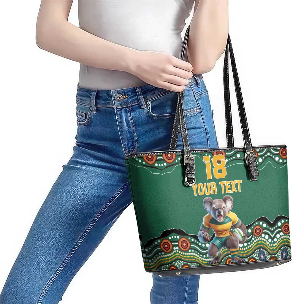 Custom Australia Rugby Leather Tote Bag Koala Mascot Aboriginal Pattern