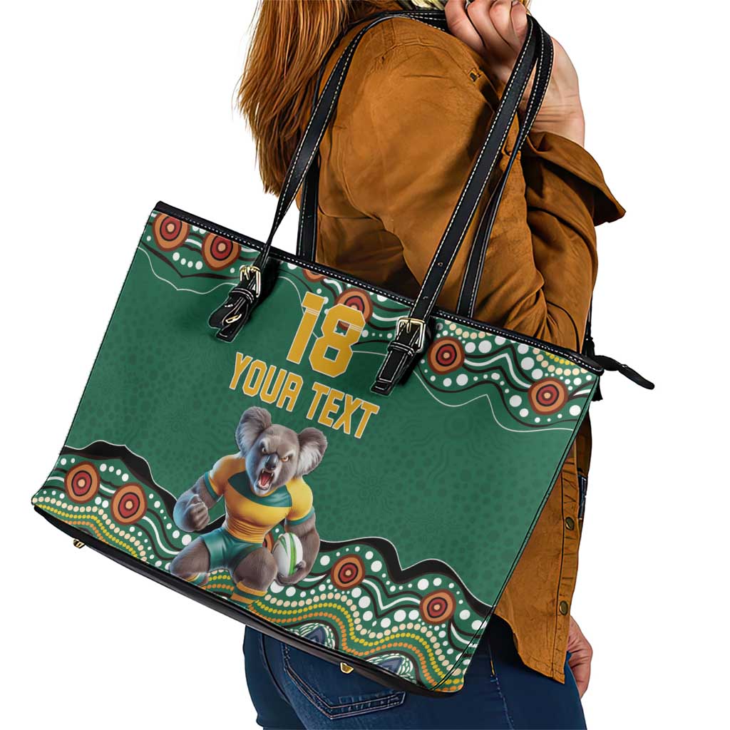 Custom Australia Rugby Leather Tote Bag Koala Mascot Aboriginal Pattern
