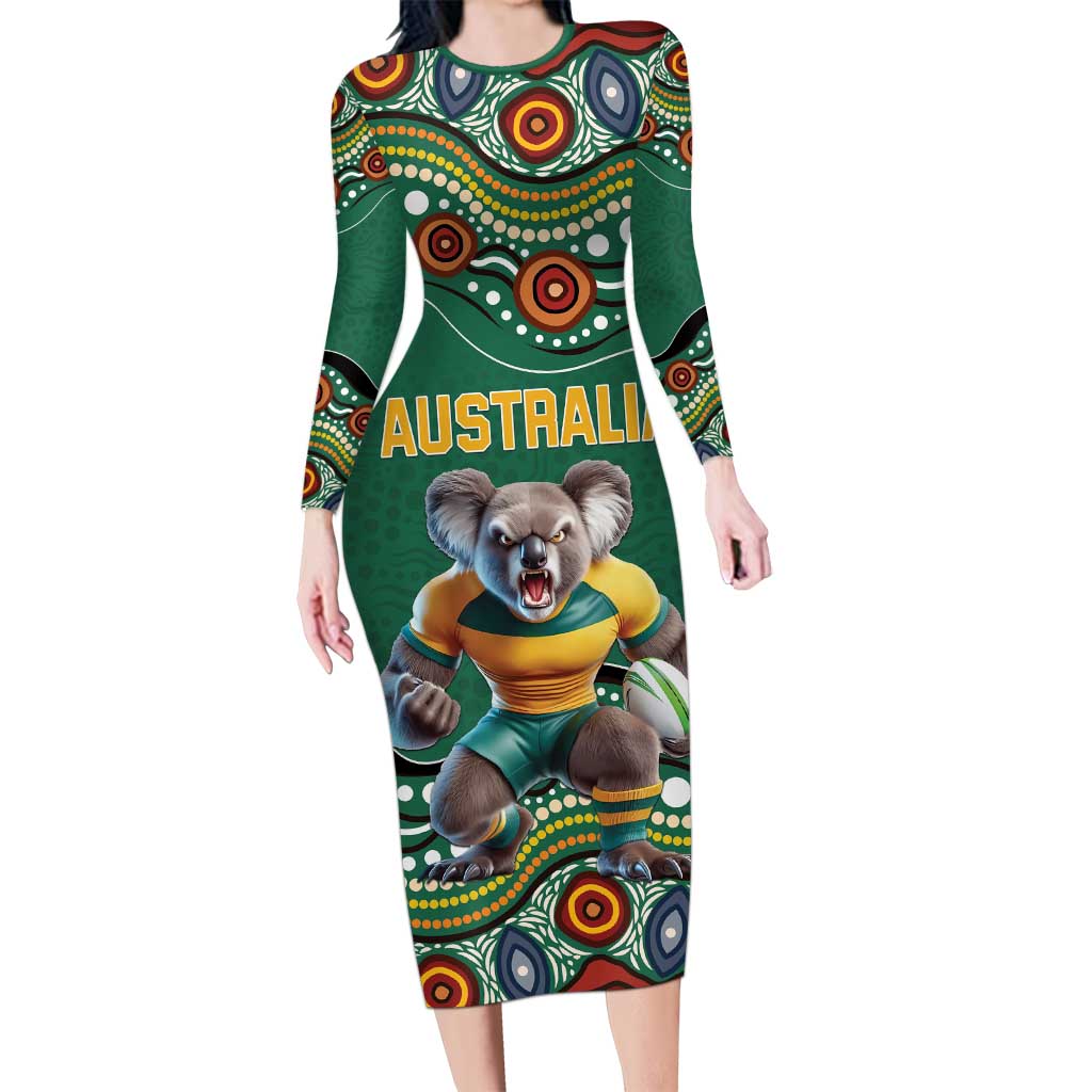Custom Australia Rugby Long Sleeve Bodycon Dress Koala Mascot Aboriginal Pattern