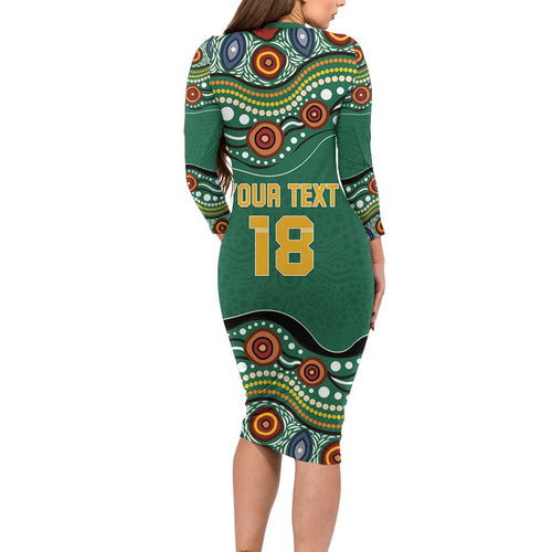 Custom Australia Rugby Long Sleeve Bodycon Dress Koala Mascot Aboriginal Pattern