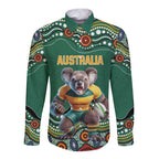 Custom Australia Rugby Long Sleeve Button Shirt Koala Mascot Aboriginal Pattern