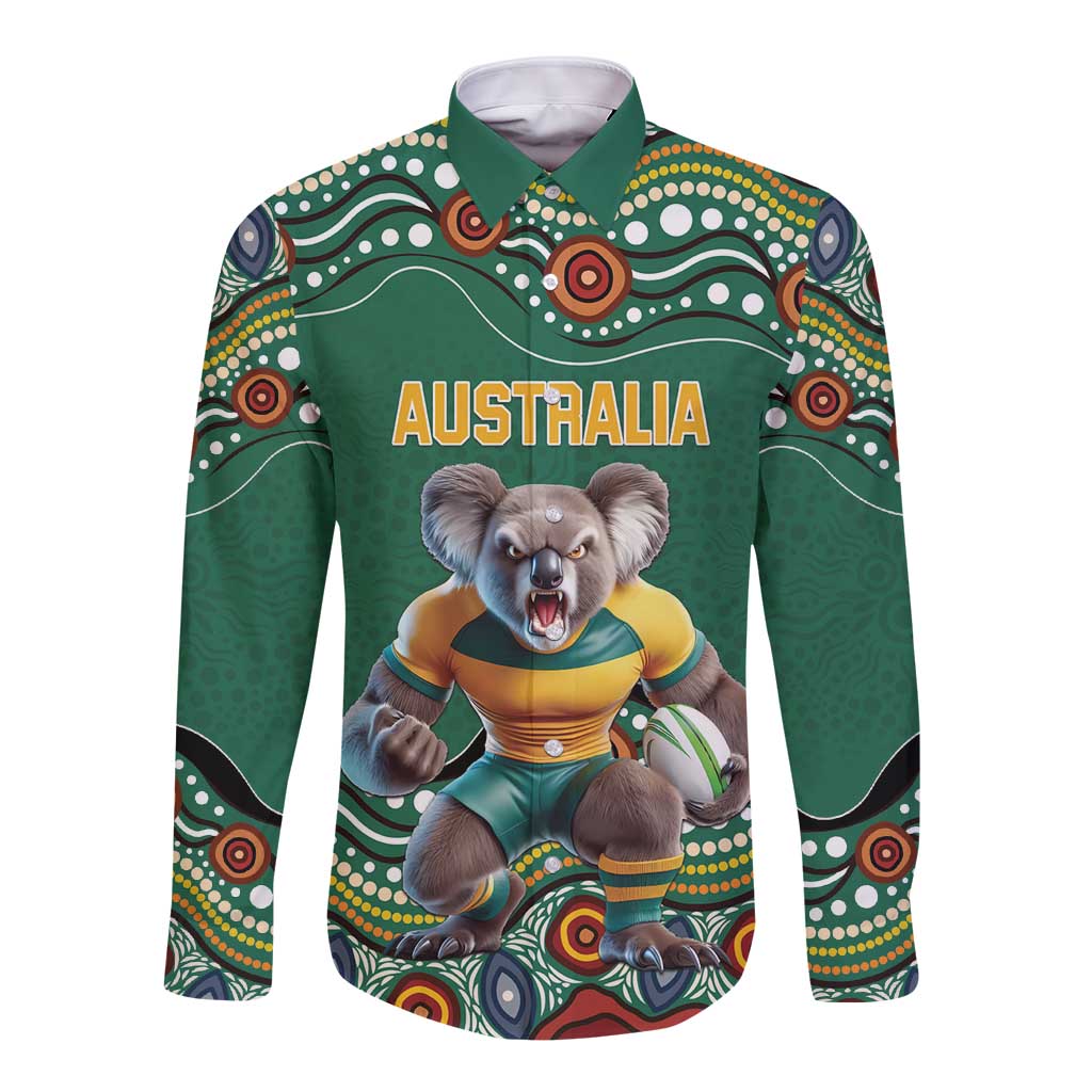 Custom Australia Rugby Long Sleeve Button Shirt Koala Mascot Aboriginal Pattern