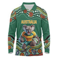 Custom Australia Rugby Long Sleeve Polo Shirt Koala Mascot Aboriginal Pattern