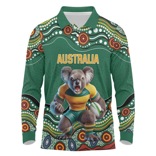 Custom Australia Rugby Long Sleeve Polo Shirt Koala Mascot Aboriginal Pattern