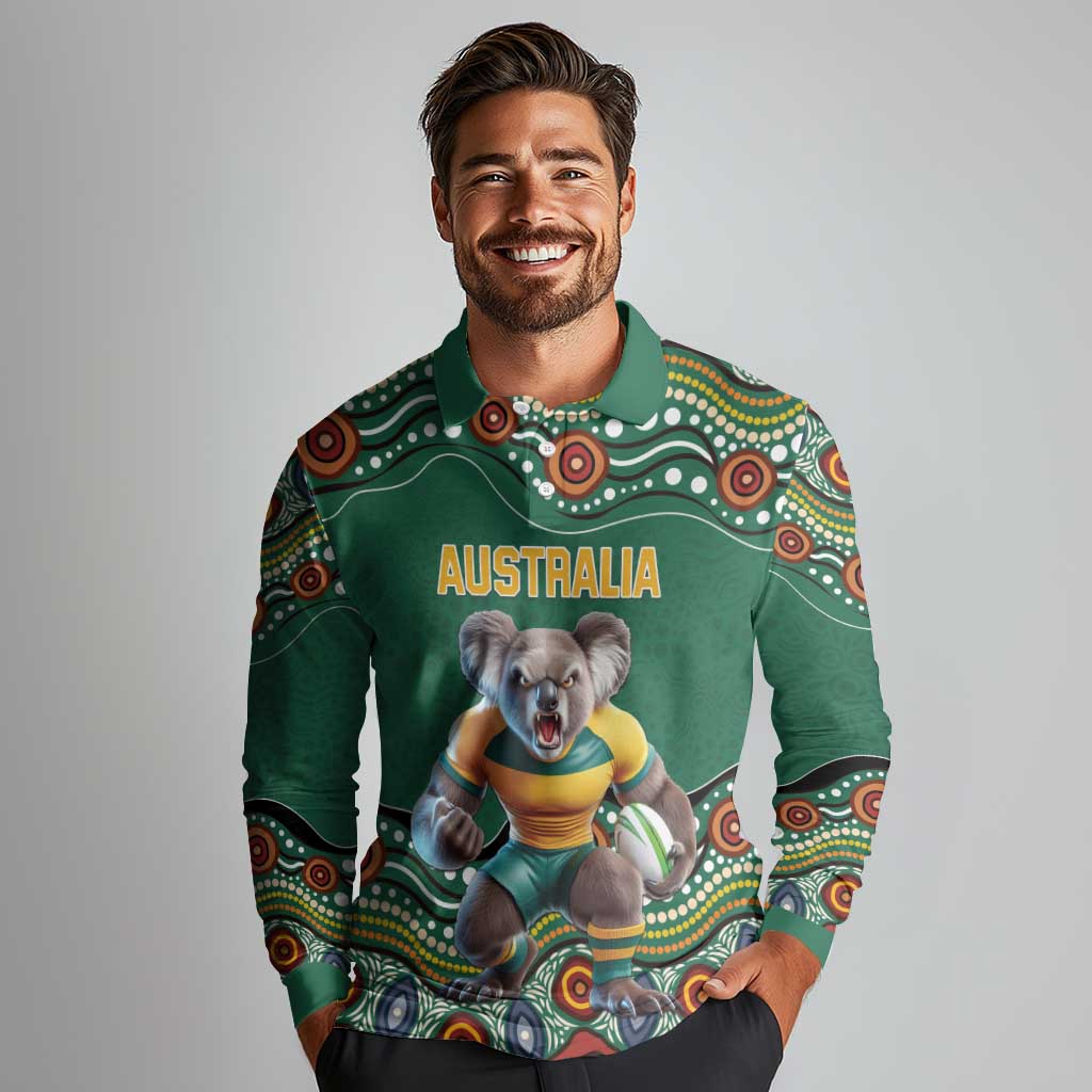 Custom Australia Rugby Long Sleeve Polo Shirt Koala Mascot Aboriginal Pattern