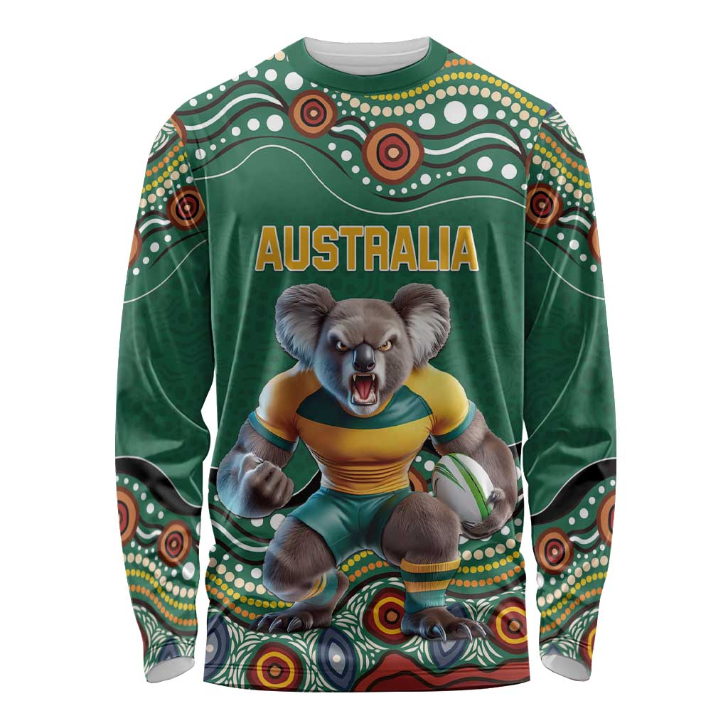 Custom Australia Rugby Long Sleeve Shirt Koala Mascot Aboriginal Pattern