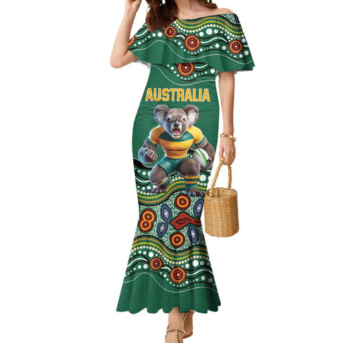 Custom Australia Rugby Mermaid Dress Koala Mascot Aboriginal Pattern