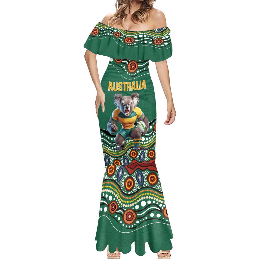 Custom Australia Rugby Mermaid Dress Koala Mascot Aboriginal Pattern