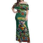 Custom Australia Rugby Off Shoulder Maxi Dress Koala Mascot Aboriginal Pattern