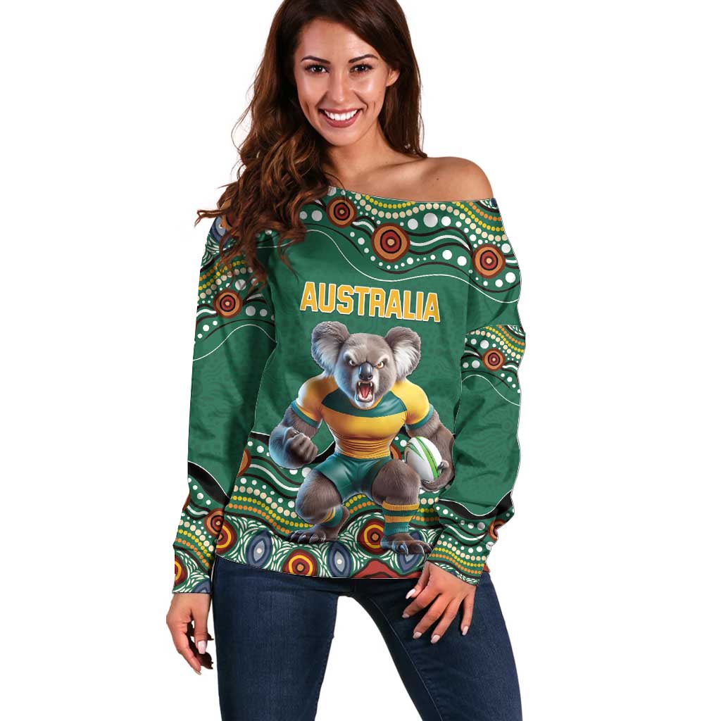 Custom Australia Rugby Off Shoulder Sweater Koala Mascot Aboriginal Pattern