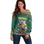Custom Australia Rugby Off Shoulder Sweater Koala Mascot Aboriginal Pattern