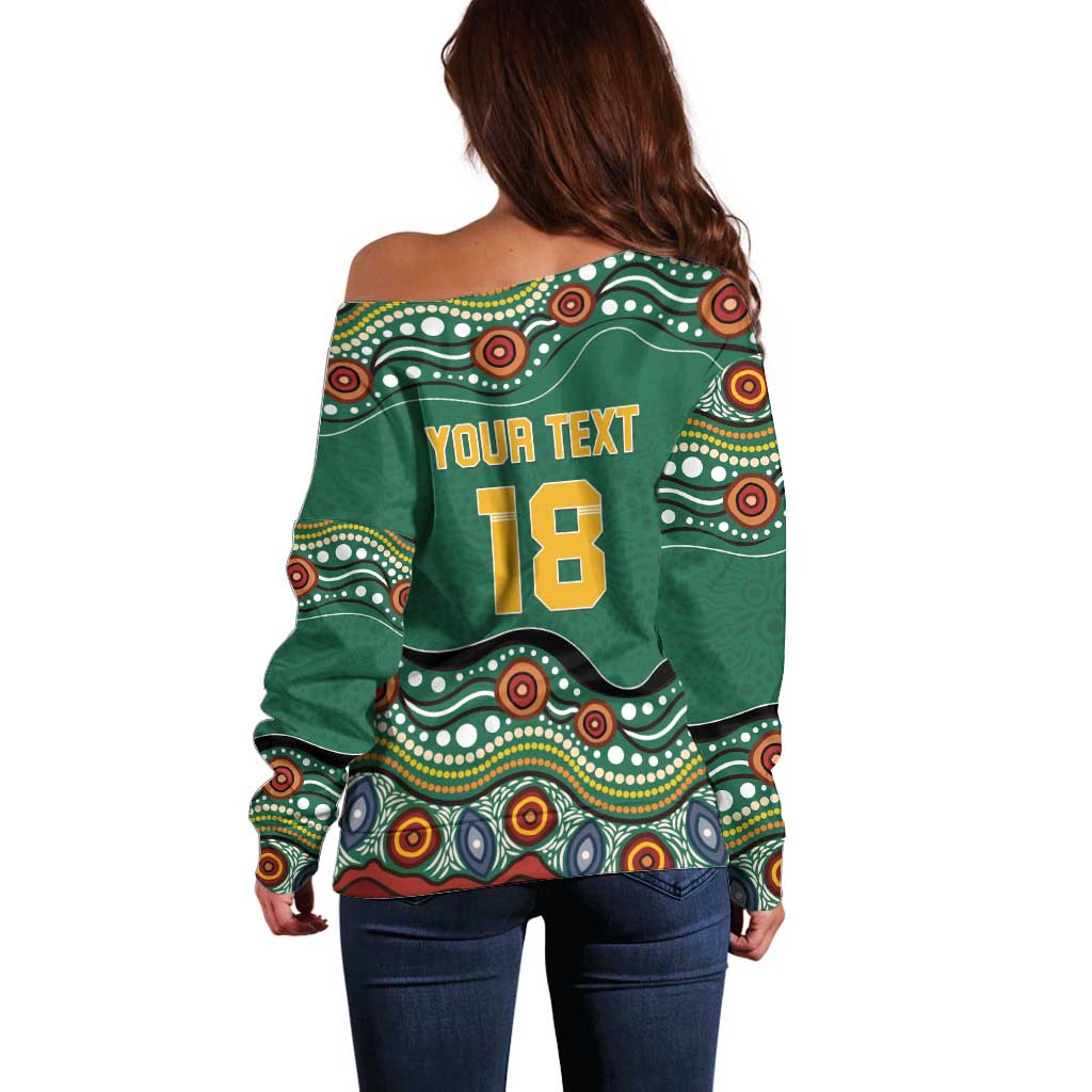 Custom Australia Rugby Off Shoulder Sweater Koala Mascot Aboriginal Pattern