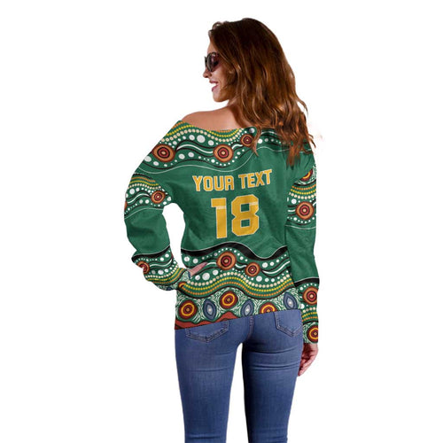 Custom Australia Rugby Off Shoulder Sweater Koala Mascot Aboriginal Pattern