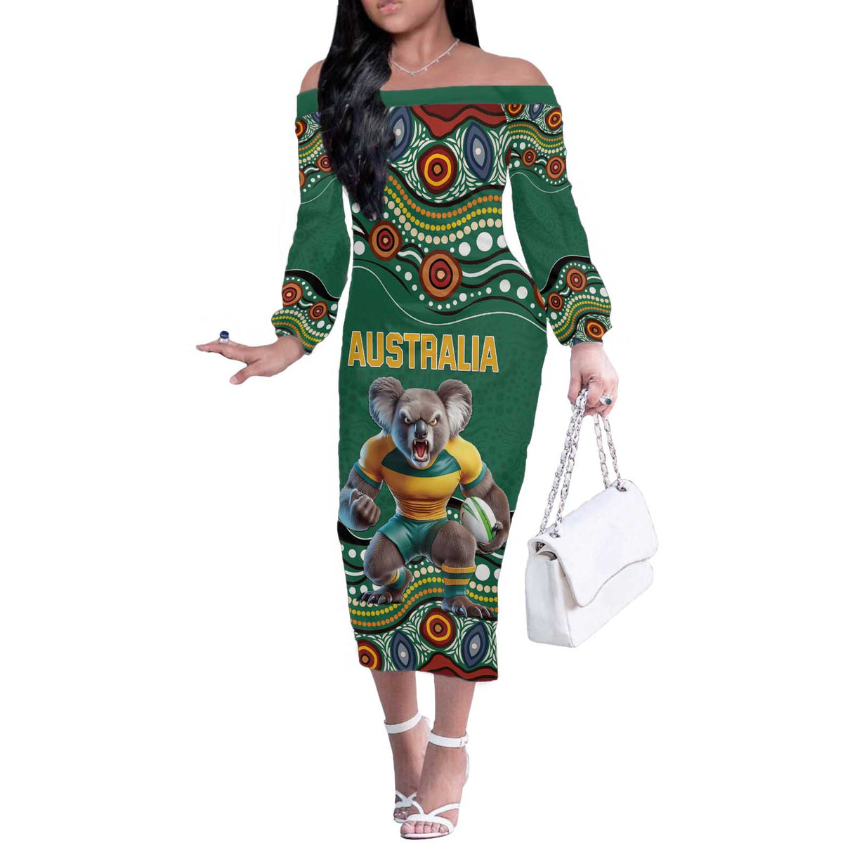 Custom Australia Rugby Off The Shoulder Long Sleeve Dress Koala Mascot Aboriginal Pattern