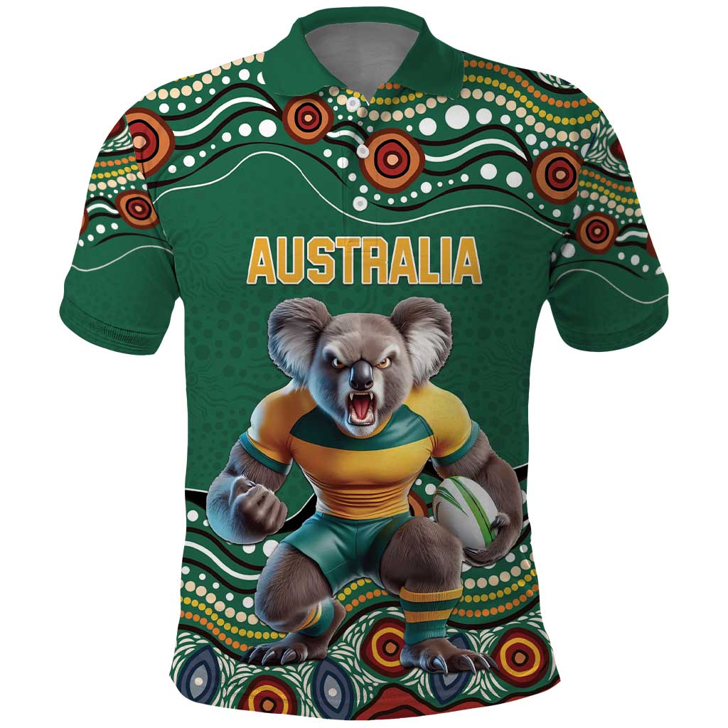 Custom Australia Rugby Polo Shirt Koala Mascot Aboriginal Pattern