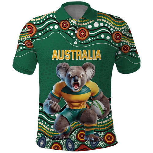 Custom Australia Rugby Polo Shirt Koala Mascot Aboriginal Pattern
