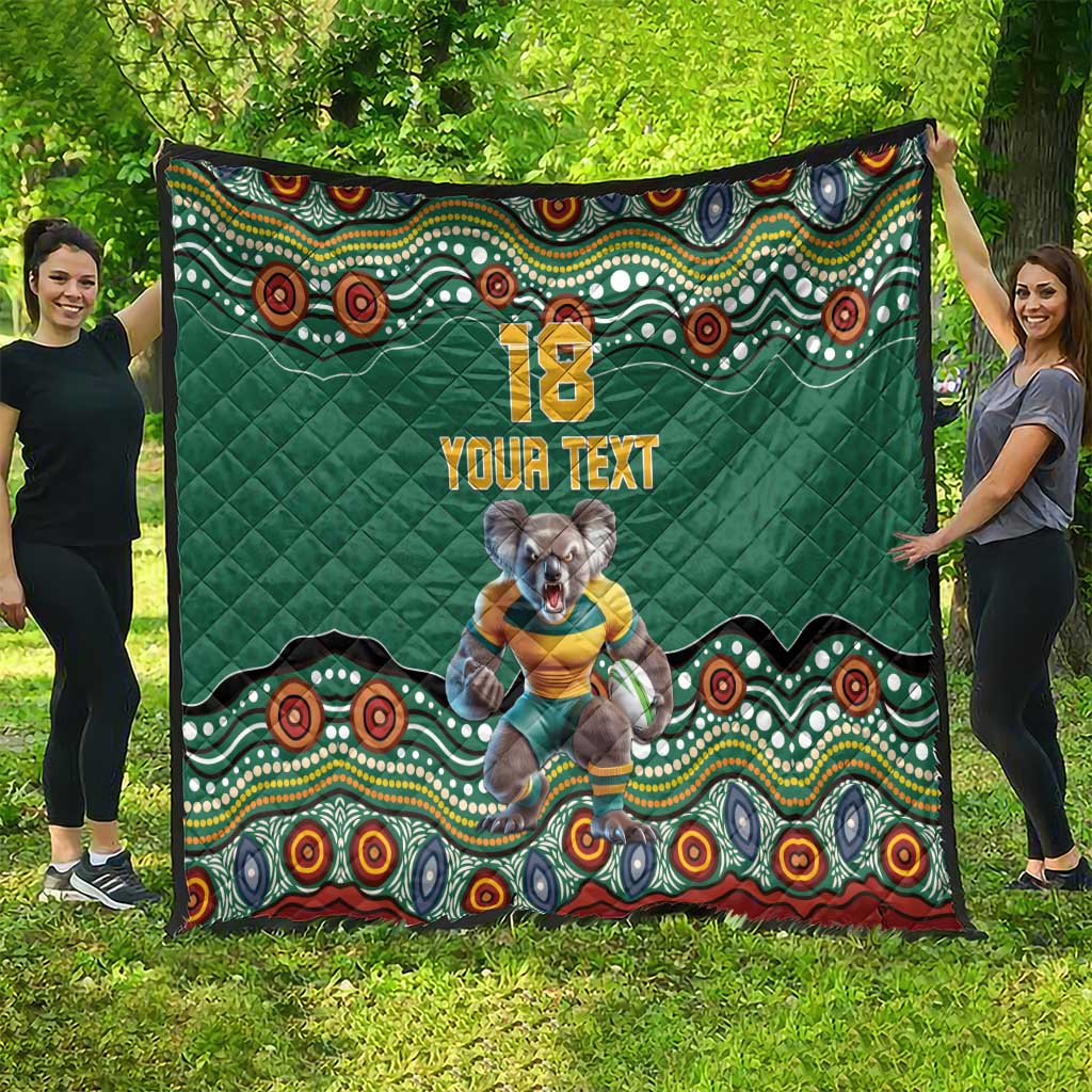 Custom Australia Rugby Quilt Koala Mascot Aboriginal Pattern