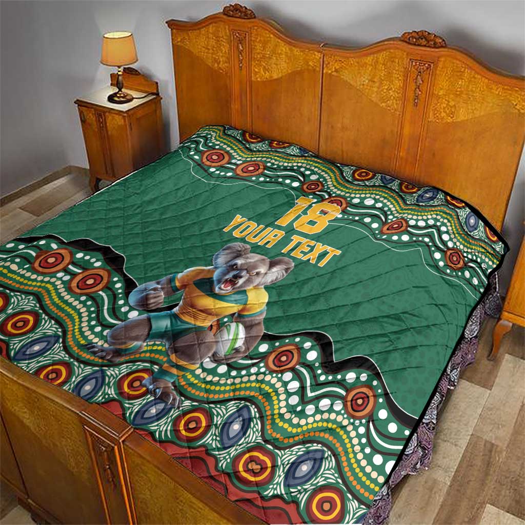 Custom Australia Rugby Quilt Koala Mascot Aboriginal Pattern