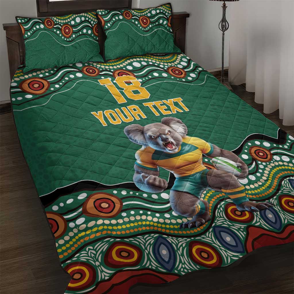 Custom Australia Rugby Quilt Bed Set Koala Mascot Aboriginal Pattern