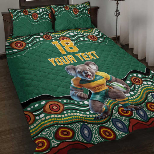 Custom Australia Rugby Quilt Bed Set Koala Mascot Aboriginal Pattern