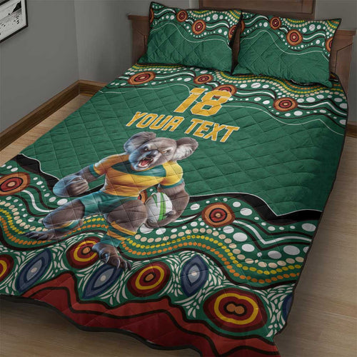 Custom Australia Rugby Quilt Bed Set Koala Mascot Aboriginal Pattern