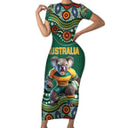 Custom Australia Rugby Short Sleeve Bodycon Dress Koala Mascot Aboriginal Pattern