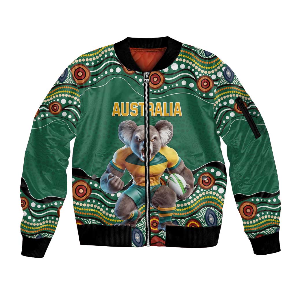 Custom Australia Rugby Sleeve Zip Bomber Jacket Koala Mascot Aboriginal Pattern