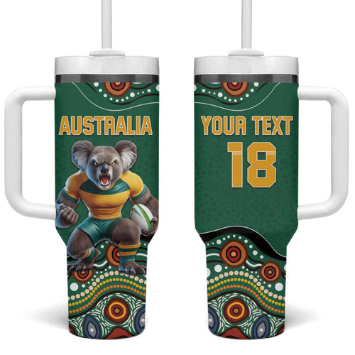 Custom Australia Rugby Tumbler With Handle Koala Mascot Aboriginal Pattern