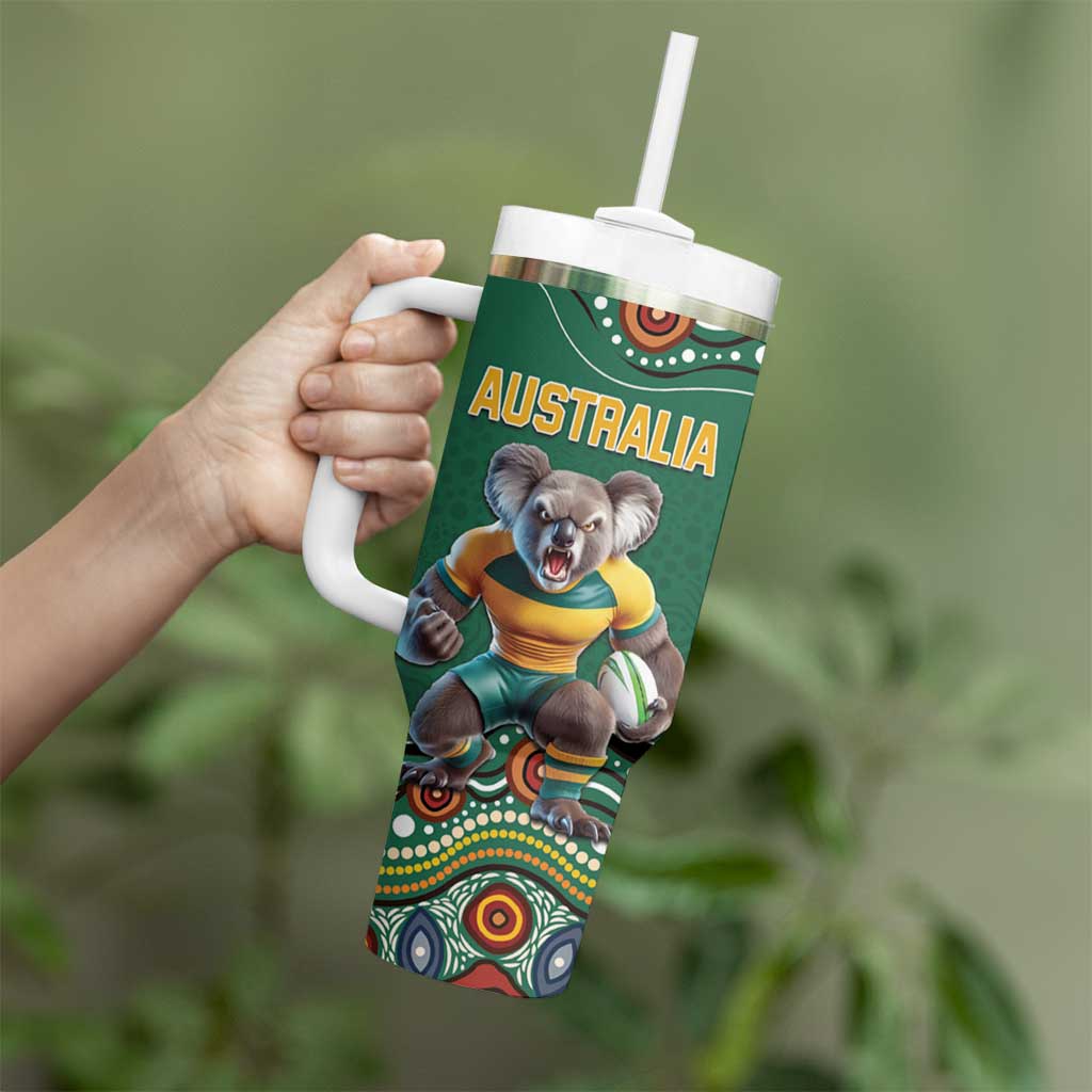 Custom Australia Rugby Tumbler With Handle Koala Mascot Aboriginal Pattern