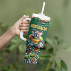 Custom Australia Rugby Tumbler With Handle Koala Mascot Aboriginal Pattern