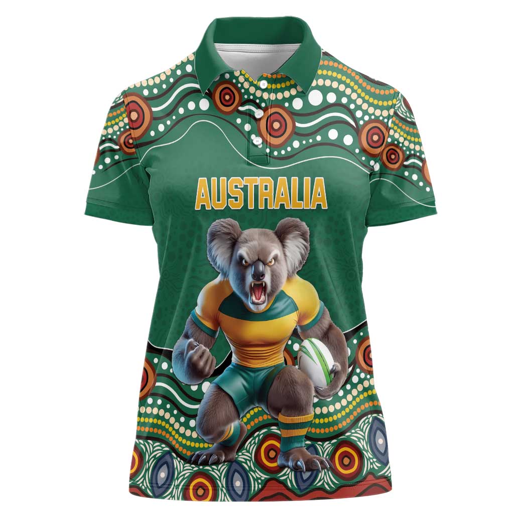 Custom Australia Rugby Women Polo Shirt Koala Mascot Aboriginal Pattern
