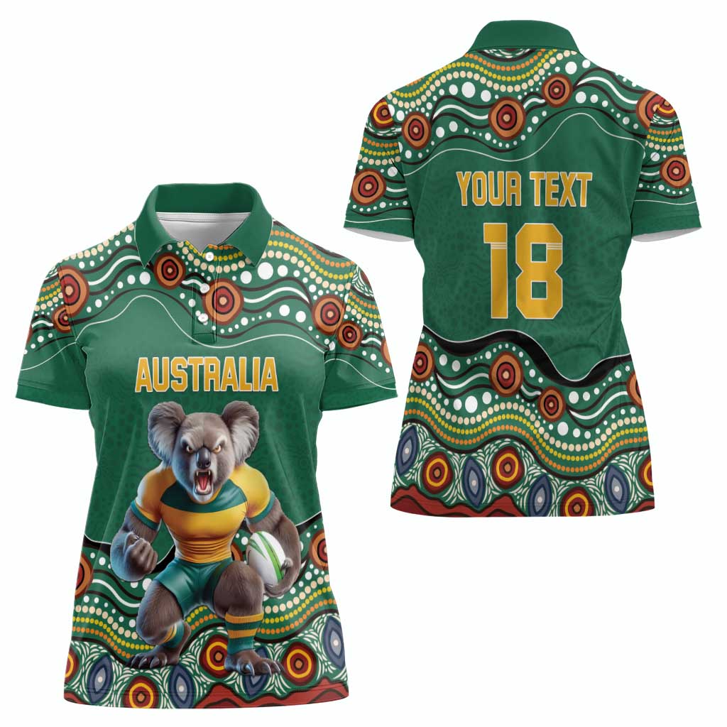 Custom Australia Rugby Women Polo Shirt Koala Mascot Aboriginal Pattern