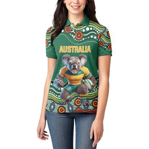 Custom Australia Rugby Women Polo Shirt Koala Mascot Aboriginal Pattern